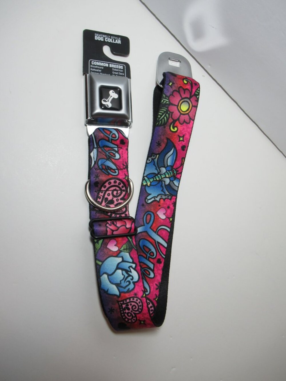 New Dog Collar 18 to 32 Inches 1.5" Wide Seatbelt Buckle Love Purple Large Dogs
